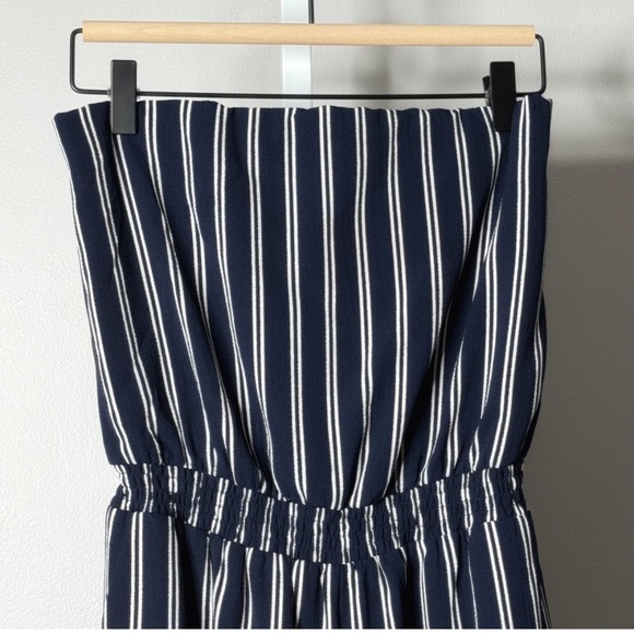 Lulus Jumpsuit Blue White Stripe Strapless Cropped Leg Open Back Elastic Waist - Picture 7 of 16
